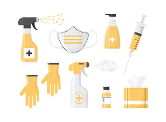 Disinfection and vaccination. PPE personal protective equipment. Hand hygiene. Syringe and medical bottle with vaccine. Health illustration
