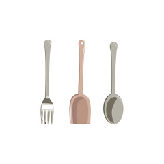 Set of kitchen objects, fork, spoon and spatula. Items for cooking and eating