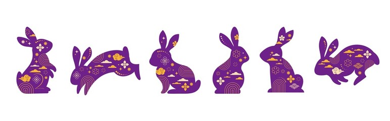 Mid Autumn Festival. Chuseok, Chinese wording translation - Mid Autumn. Mooncake, bunnies, rabbits and moon, background and poster