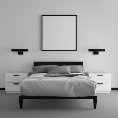 Black and white hotel bedroom. 3D render. 3D illustration.