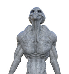 Fototapeta na wymiar Illustration of a muscled grey alien with arms back while looking upward on a white background.