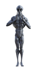 Illustration of a muscled grey alien holding hands apart isolated on a white background.