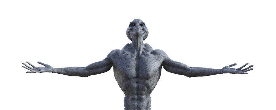 Illustration of a muscled grey alien with arms held wide while looking up on a white background.