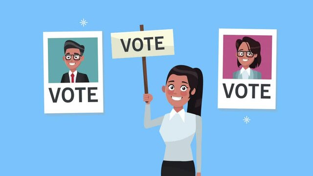 female candidate with vote banner and posters