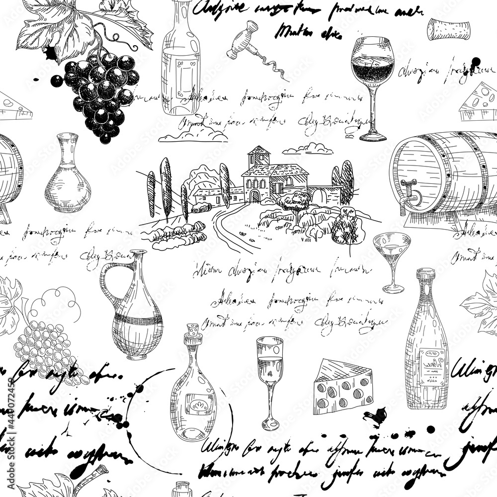 Poster seamless pattern wine grape branche, bottles, glasses, vineyard, unreadable text, wooden barrel, che