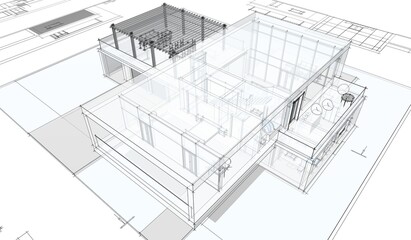 modern house architectural drawings 3d illustration