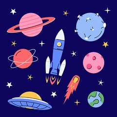 Cartoon space set. Rocket, planets, moon, comet, satellite planets and stars. Meteorite and spaceship. Vector color collection for kids, on dark background