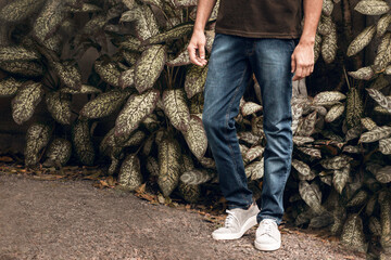 Męskie spodnie jeans niebieskie na modelu na naturalnym tle, zdjęcie reklamowe na baner. - obrazy, fototapety, plakaty