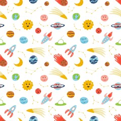 Space elements seamless pattern in cartoon flat childish style. Vector illustration of planets, rocket, meteorite, constellation on white background for baby apparel, textile and product design