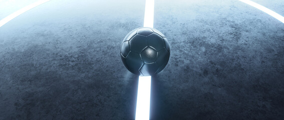Futuristic black futsal soccer field with soccer ball on glowing light beam line background