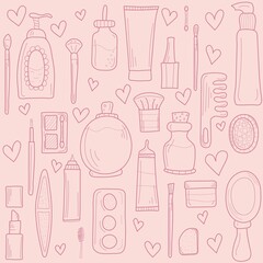 A set of 26 cosmetics isolated on pink background. Perfect for cards, flyers, banners, social media. Vector illustration, flat design, hand-drawn.