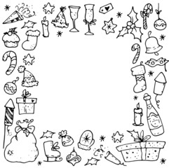 Vector frame for Christmas. square frame of doodle winter elements santa's bag, champagne, holly, candles, fireworks, socks, mittens, bells, snowflakes black line on a white background with an empty s