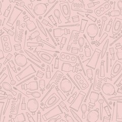 Seamless pattern on the theme of beauty and fashion. Design for announcement, advertisement, print. Gray outlines isolated on pink background. Vector illustration Flat design. Hand-drawn.
