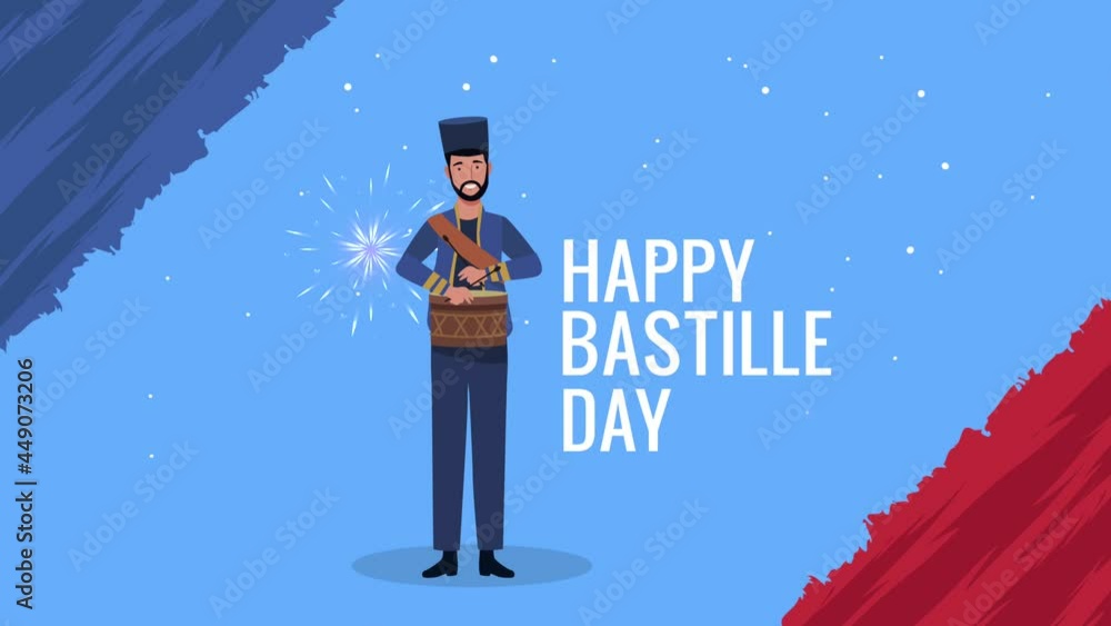 Poster happy bastille day lettering with french man playing drum and flag