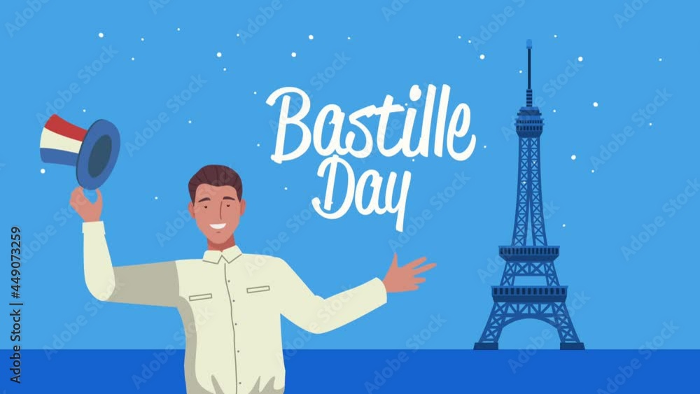 Poster happy bastille day lettering with french man and eiffel tower