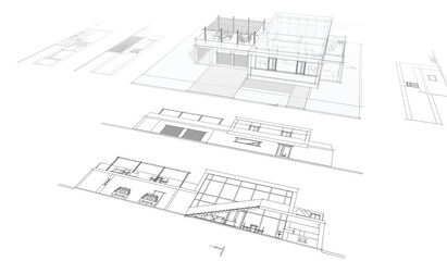 modern house architectural drawings 3d illustration