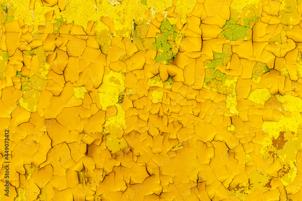 Poster concrete wall with yellow paint in cracks. background for design. grunge texture