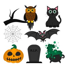 Set of objects  for Halloween. Vector flat illustration. Holiday symbols. Isolated objects of an owl, bat, black cat, pumpkin with smile, spider web, cauldron with potion, and grave.