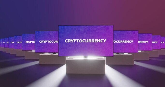 3D rendering of many TV sets showing text screensaver Cryptocurrency, concept message of hype news on television screen