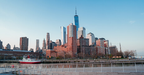 city skyline at sunrise sky blue panorama New York usa buildings urban downtown travel vacation 