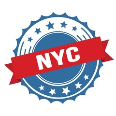 NYC text on red blue ribbon stamp.