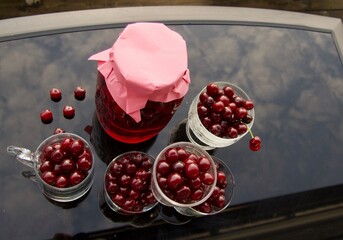 cherry compote drink on garden background