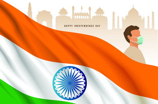 realistic india independence day illustration and vector illustration of Indian man with surgical mask. indian flag with monument