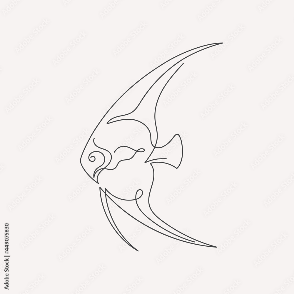 Poster continuous drawing of one line of fish. linear image of a marine animal. black and white vector illu