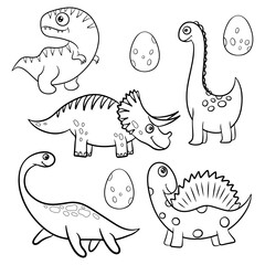 Set of cartoon dinosaurs for coloring. Black and white vector illustration. Children's educational game. Flat cartoon style.