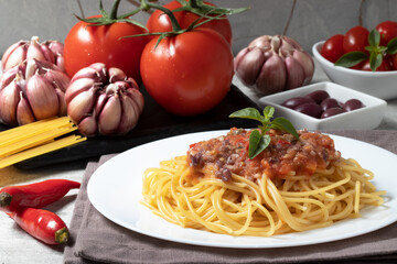 Spaghetti with tomatoes sauce, black olive, garlic, anchovy, pepper and caper.