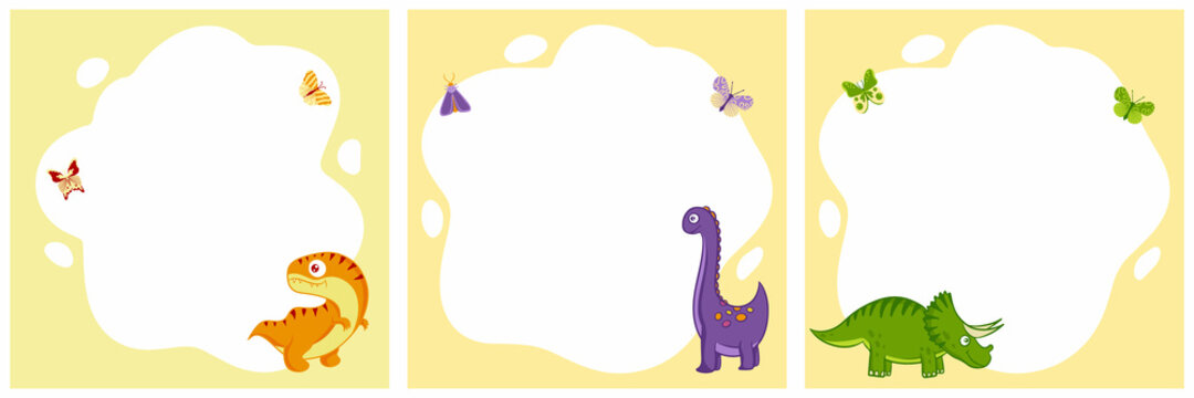 Dinosaurs. Set of vector frames in the form of a spot in a flat cartoon style. Template for children's photos, postcards, invitations.