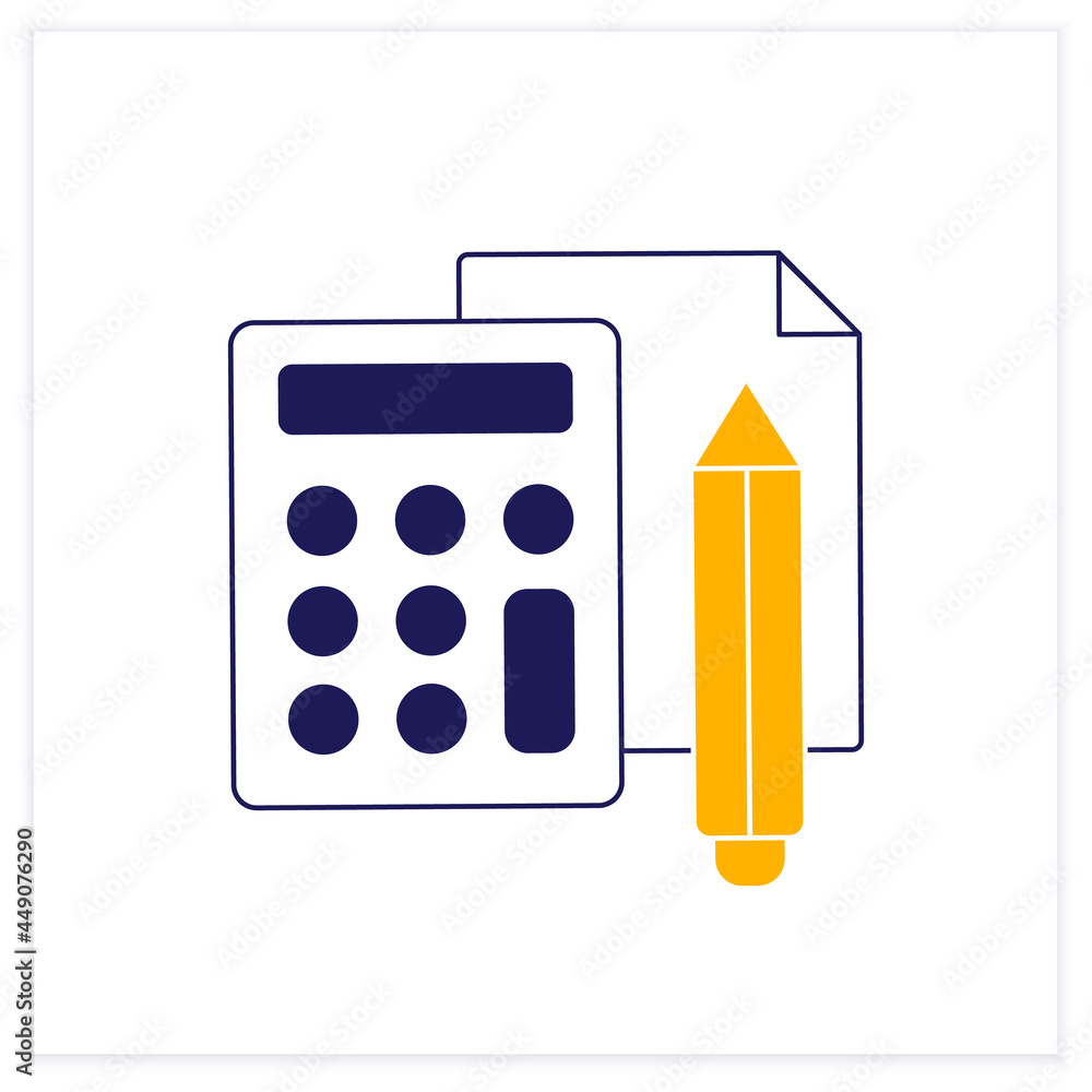 Poster device color icon. calculator, pencil and sheets of paper. device for counting.office concept. isola