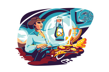 Lucky male hunter finding treasure