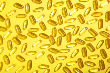 Omega 3 capsules close up. Fish fat. Background 