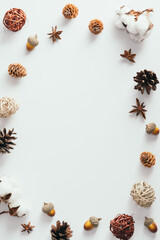Autumn frame made of acorns, pine cones, cotton on white background. Flat lay, top view. Autumn fall, Thanksgiving day vertical banner design