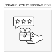 Reward line icon. Three stars rating. Present box. Loyalty program for customers.Shopping concept. Isolated vector illustration.Editable stroke