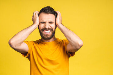 Young man put hands to his head. He feeling sick and headache or having some problems. His stress...