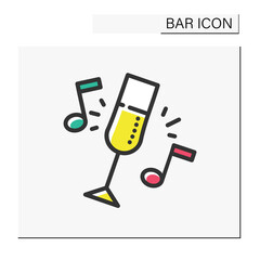 Bar party color icon. Celebration, event, alcohol party. Champagne or wine glass. Restaurant, night club music. Cocktail party and drinking establishment concept. Isolated vector illustration