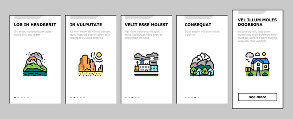 Fototapeta premium Land Scape Nature Onboarding Mobile App Page Screen Vector. Desert And Forest, Meadow And Industrial Metropolis, Sea And Ocean, Tundra And Taiga Land Illustrations