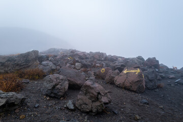 栃木県那須郡那須町の那須岳に霧の中で紅葉を見るために登山している風景 A view of climbing Mt. Nasu in Nasu-machi, Nasu-gun, Tochigi Prefecture, to see the autumn leaves in the fog.