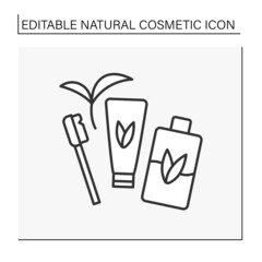 Cosmetology line icon. Toothbrush, toothpaste and mouthwash. Tooth disinfection. Natural cosmetic concept. Isolated vector illustration. Editable stroke