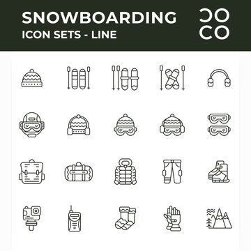 Vector illustration of Snowboarding gear guide icon sets. Outline style. Simple and minimalist. Suitable for use in applications, websites, social media, brochures, etc