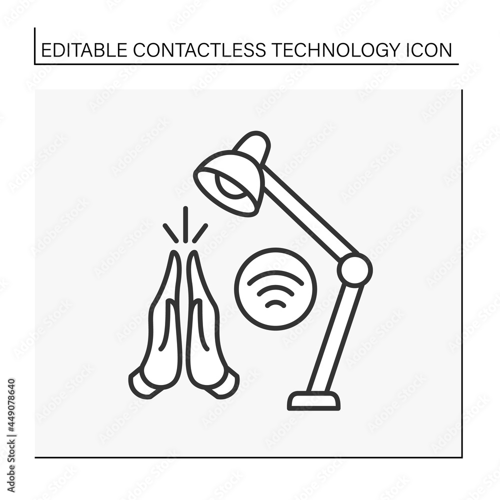 Poster modern technology line icon. wireless sound-activated on and off light by hand clapping. table lamp.