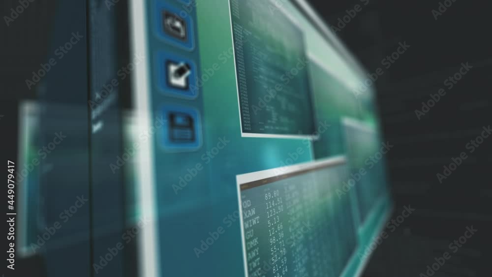 Aufkleber an animation of different charts and codes on the screens against a blurred backgroun