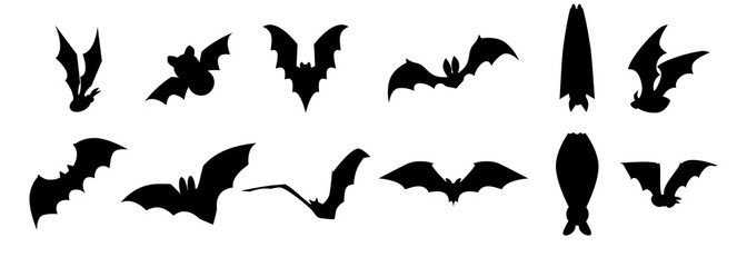 Fototapeta na wymiar Set of Halloween bat silhouettes. Black icons isolated on white background.