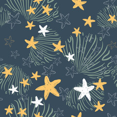 Seamless pattern with hand drawn sea stars. Underwater abstract background.