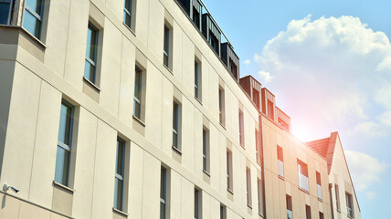 Detailed view of modern townhouses in row of. Original townhouses in a residential area. Buildings predominantly made of glass, steel and concrete.