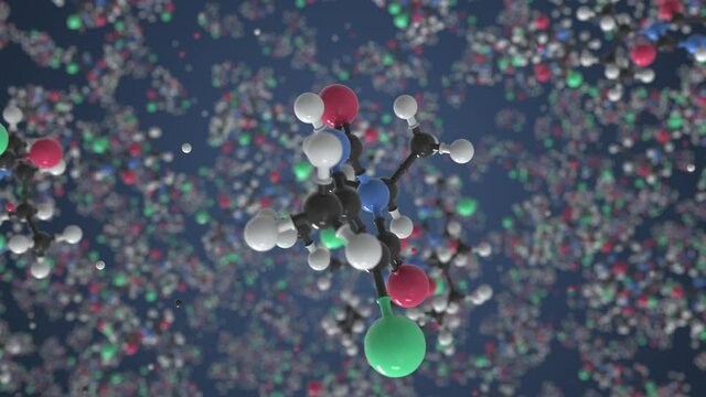 Bromacil molecule, conceptual molecular model. Scientific looping 3d animation