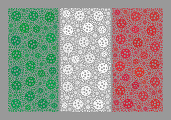 Mosaic Italy Flag created of covid items. Italy Flag collage is created from randomized bacilla particles. Vector covid mosaic rectangular Italy Flag created for lockdown applications.