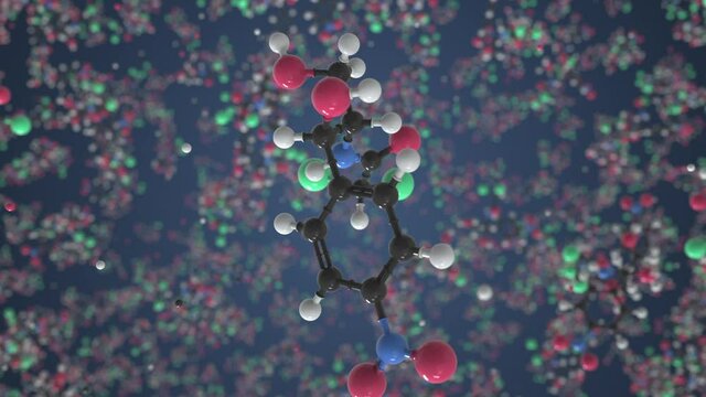Chloramphenicol molecule. Conceptual molecular model. Chemical looping 3d animation